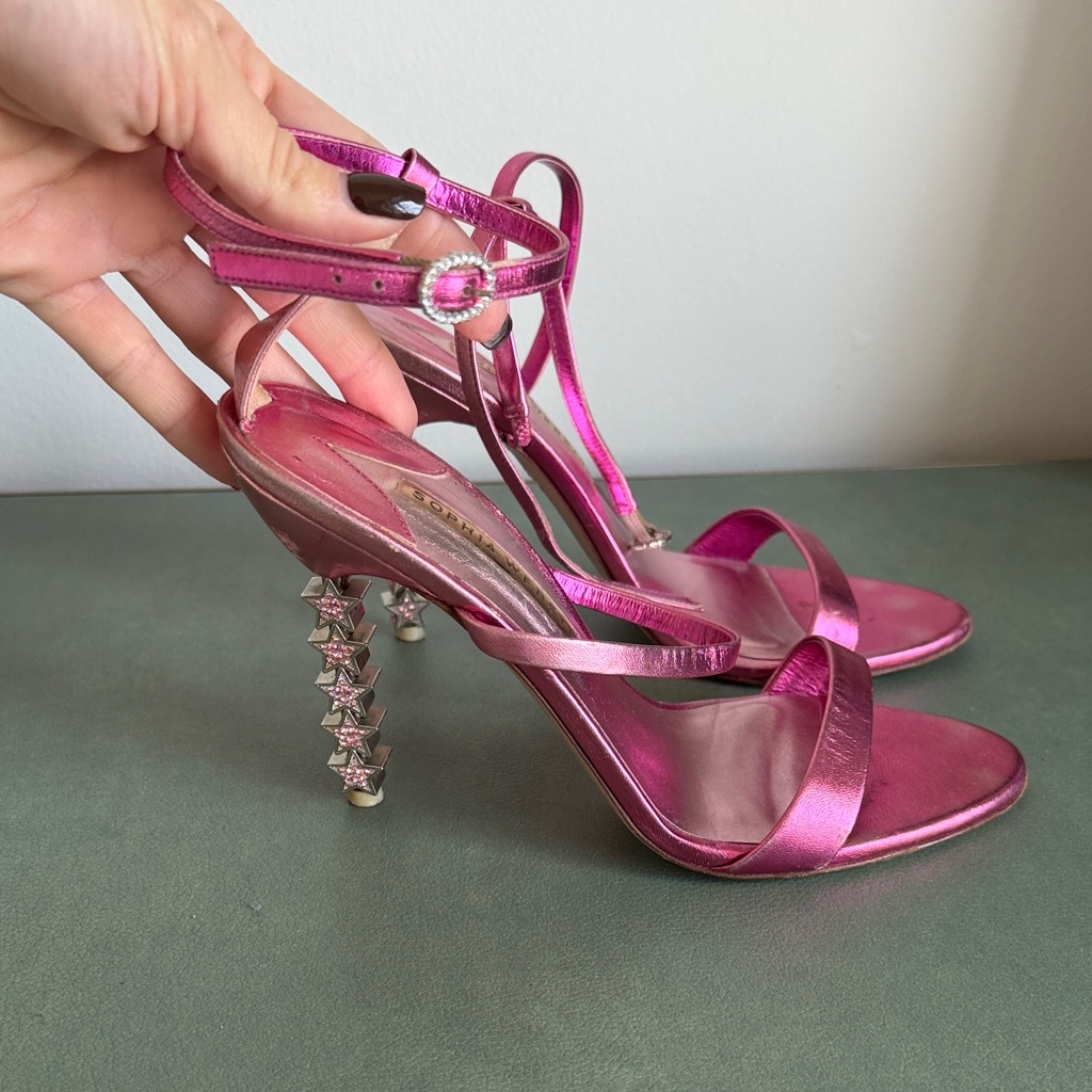 Sophia Webster Metallic Fuchsia Strappy Heels With Star-Embellished Heel